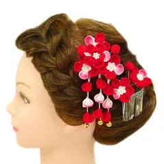 七五三 髪飾り 三歳 七歳 日本髪 つまみ細工 赤 花 2点セット ピンク 白 ちりめん 下がり 鈴 鈴付き ビラ 玉飾り パール ピン No.12-0131