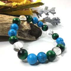 水晶×グリーンタイガーアイ×ターコイズ パワーストーン ブレスレット 10mm   天然石 シンプル メンズ レディース 男性  女性 □