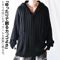 パーカー メンズ 大きいサイズ ニット セーター オーバーサイズ ビッグシルエット ロングニット フィンガーホール ハーフボタン ドロップショルダー ニットセーター ゆったり ダボ ダボダボ 春 春服 秋 秋服 無地 黒 ブラック