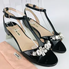 美品★miumiu・ミュウミュウ レディース パテントレザー クリスタルビジュー付き アンクルストラップ サンダル(35.5)イタリア製 ブランド レディース靴 ブラック