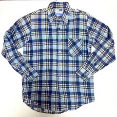 70s Sears シアーズ プリントチェック フランネルシャツ M ブルー Work leisure ヴィンテージ 古着