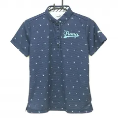 【超美品】プーマ 半袖ポロシャツ ネイビー×白 ボーダー ドット ヤシの木柄 ボタンダウン レディース L ゴルフウェア PUMA