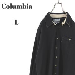 Columbia コロンビア 長袖ボタンダウン ウールシャツ ライトジャケット ロゴ入り胸ポケット付き ネイビー系 濃紺 メンズ Lサイズ