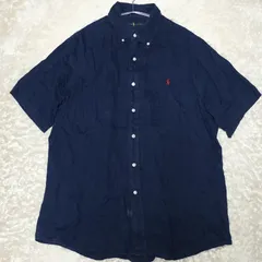 【大人気】RALPH LAUREN　リネンシャツ　Lサイズ　半袖シャツ　ネイビー　ロゴ刺繍　赤
