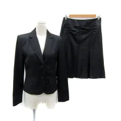 ボディドレッシングデラックス BODY DRESSING Deluxe スーツ セットアップ 上下 テーラードジャケット ミドル丈 シングルボタン 総裏地 プリーツスカート ミモレ丈 ストライプ柄 シルク混 38 M 黒 ブラック 紺 ネイビー /SY18