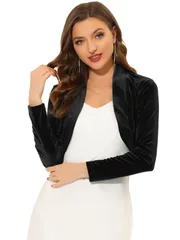 Allegra K クロップド ボレロ カーディガン ドレス 長袖 シュラグ ベルベット オープンフロント レディース ブラック L