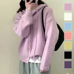 シンプルニットパーカー 春 秋 冬 韓国ファッション 10代 20代 30代 レディース 黒 白 カジュアル 可愛い 大人 羽織り 上着 フード付き