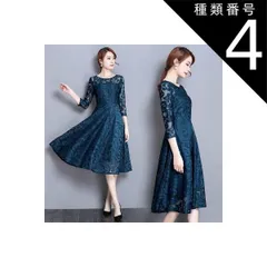 種類4：レッド/2XL ドレス ワンピース  パーティードレス  レースワンピース  ラウンドネック 膝下丈 ミモレ丈 七分袖 半袖   Aライン ベルト ハイウエスト 透け感 シースルー かわいい 大人可愛い きれいめ 上品 おしゃれ フェミニン  キュート