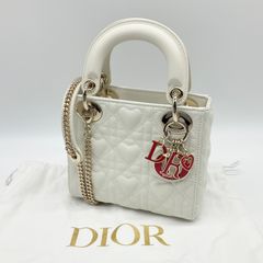 ●ChristianDior クリスチャンディオール Lady Dior レディディオール ミニ ラムスキン ホワイト ゴールド金具 カナージュ ハート型 レディース ハンドバッグ ショルダーバッグ 2way チャーム 【中古】Aランク　2_219