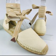 新品同様★LOUIS VUITTON・ルイヴィトン レディース キャンバスレザー切替し LVアイコンロゴ リボンストラップ エスパドリーユ フラット シューズ（37 1/2）