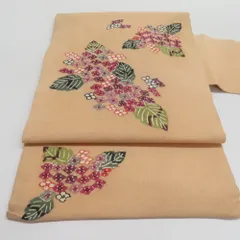 名古屋帯 縮緬 型絵染 紫陽花 染め文様 正絹 薄橙色 お太鼓柄 九寸帯 カジュアル 長さ350cmのサムネイル