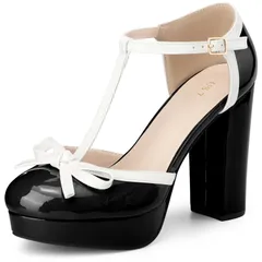 Perphy 女性用プラットフォーム ボウ T ストラップ チャンキーヒール パンプス 黒 25.0cm