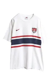 【お得なクーポン配布中!】 90s USA製 ナイキ ボーダー 半袖 Tシャツ メンズ L オールド 当時物 スウッシュ ロゴ 刺繍 サッカー 星条旗 ヘビーウェイト カットソー 白