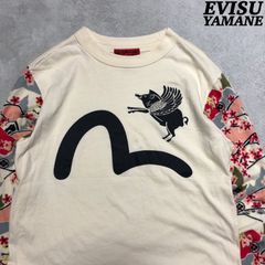 EVISU / YAMANE プリントTシャツ ロゴ カモメ 刺繍 羽豚 和柄 梅 花柄 家紋 36サイズ ロングスリーブ 長袖カットソー ロンT 白系 オフホワイト アイボリー 生成り エヴィス エビス ヤマネ