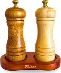 Chicer プロ料理人推奨_キッチン用品専門店 受け皿付きペッパーミル 手動 木製 胡椒ミル 2本セット お洒落 ペッパーグラインダー 塩・コショウ入れ 岩塩 ソルト 粗さ調整(白色 茶褐色,  5インチ)