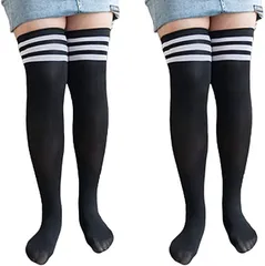 GIVEK ニーハイ ソックス ２足 セット レディース 通気性 伸縮性 ストレッチ 大きい サイズ 弾力 履き心地 抜群 ボーダー x( ボーダー x ボーダー セット,  Free Size)