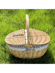 自然な藤製バスケット、田舎風のピクニックバスケット ハンドル&蓋付き、ピクニック・パーティー・BBQに適