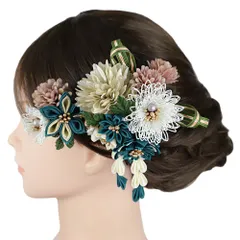 髪飾り 成人式 振袖 2点セット 青緑　ターコイズブルー ピンク ベージュ 白 緑 ゴールド つまみ細工 剣つまみ 組紐 さがり 水 No.9-5409