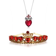 FUNLMO Evie Red Heart Tiara and Necklace Descendants Red Heart Crown Jewelry Set Queen of Hearts Costume Fan Jewelry Gift for Pre-Teen Girlfriend, Metal Acrylic