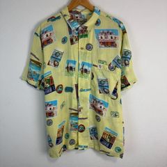 Papas Island パパスアイランド アロハシャツ 半袖 リネンシャツ 総柄 イエロー メンズ Lサイズ 古着 ストリート オーバーサイズ ゆるダボ