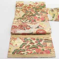 名古屋帯 アンティーク 鶴に吉祥文様 九寸なごや帯 全通柄 丸帯仕立て 金色 仕立て上がり レトロ着物 長さ340cm