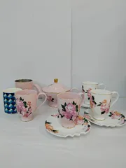 Francfranc ティーセット 10点 ポット カップアンドソーサー マグカップ ステンレスマグ ピンク 白 花柄 金彩 ブルー 幾何学模様 茶器