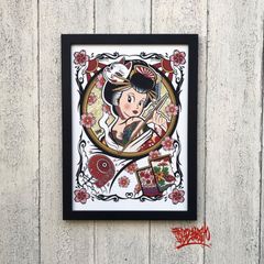 尾九 吉祥画  花魁  花札 花見で一杯 A4サイズ  フレーム付き