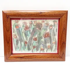 色紙岩彩画　タイトル【葱　　坊主】　木枠額装　印譜有り　作者不詳　模写 色紙岩彩画 タイトル【葱 坊主】 木枠額装 印譜有り 作者不詳 模写