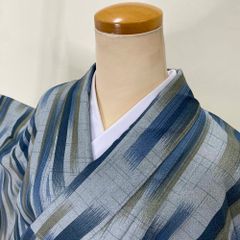 小紋 洗える着物 幅広 大きい 裄65.5cm 身丈162cm 花柄 袷 お洒落着 普段着 ポリエステル 青 美品 M サイズ 3871