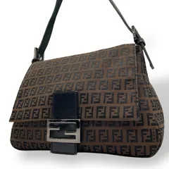 極美品 FENDI フェンディ ズッキーノ ワンショルダーバッグ マンマバケット FFロゴ 茶 ブラウン 黒 ブラック キャンバス レザー シルバー金具 FF金具 肩掛け可 レディース R