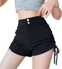 AQUA Marine ショートパンツ レディース ハイウエスト 美脚効果 スリムフィット 韓国ファッション サイドギャザー ストレッチ ショーパン シャーリング(ブラック,  M)