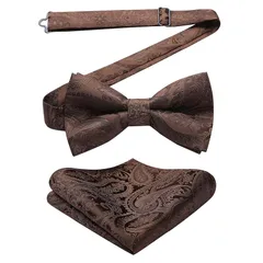 [HISDERN] ブラウン 蝶ネクタイ 大人 結婚式 蝶 ネクタイメンズ フォーマル ペイズリー柄 ボウタイ ワンタッチ 蝶ネクタイチーフ セット 簡単着脱 調節可能 bowtie…