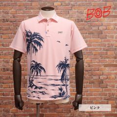 春夏/BOB/XLサイズ/半袖ポロシャツ 074843008 日本製 吸水速乾 UVカット ピンメッシュ パームツリー柄 プリント ゴルフ メンズ ボブ 新品/ピンク/ka156a/