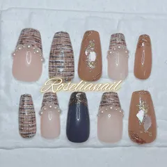 【オーダー】【No.08】秋・冬・ブラウン×スモーキーグレー・ツイード・大人可愛い・ネイルチップ