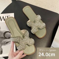 ☆サマーサンダル パールビジュー24.0cm緑グリーン a137