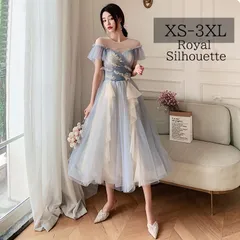 ナイトドレス パーティードレス ブルー 青 オフショルダー 結婚式 大きいサイズ ドレス 謝恩会 XS S M L XL LL 2XL XXL 3XL XXXL パーティー 姫系 発表会 プリンセス ミモレ丈 フェミニン 披露宴 シンプル 豪華