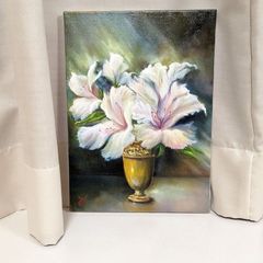 油絵風景画　静物画　一点物真筆　painterTMK　油絵　インテリア絵画　写実絵画　印象　白い花