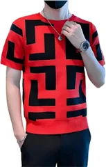 X-cross クロス tシャツ メンズ 半袖 大きいサイズ 厚手 ニットシャツ スリム サマー 幾何学模様 柄 デザイン トップス 韓国 ストリート ファッション かっこいい おしゃれ ティーシャツ クルーネック 丸首(レッド,  XL)