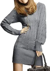[アスペルシオ] 長袖 ニット セーター ケーブル編み レディース ケーブル 編み セータ ニットセーター ワンピース 膝丈 膝上 ひざ丈 ひざ上 vネック ワンピ スタイル ユッタリ 大人 オトナ フェミニン チュニックワンピ OL ニッ [グレー] [M]