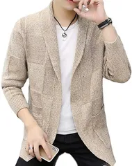 BENQUE(ベンケ) BEN48 BGM ニットカーディガン 格子柄 メンズ カジュアル ジャケット ビッグシルエット 冬服 M～XL(ベージュ,  M)