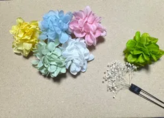 パステルカラー髪飾り5本セット(＋プレゼント) プリザーブドフラワー　アジサイ　カスミソウ