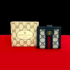 極 美品 箱付き GUCCI グッチ オールドグッチ ヴィンテージ シェリーライン GG ロゴ 金具 レザー 二つ折り財布 ウォレット ネイビー 32154