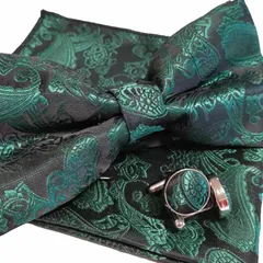 蝶ネクタイ チーフ カフス セット グリーン ペイズリー 結婚式 披露宴 緑