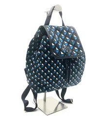 ■極上美品■TORY BURCH  トリーバーチ　ロゴ　ダイヤモンド　総柄　巾着リュックサック　バックパック　デイパック　ブルー×グリーン×ホワイト×ブラック　ナイロンキャンバス×レザー　ゴールド金具