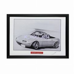 マツダ　ユーノスロードスター　鉛筆画　名車 旧車 ノスタルジックカー イラスト 絵画 デッサン 絵　A4サイズ   額付き 作者直筆サイン入り 車好き 男性 向け バースデー  退職祝い ギフト クリスマス プレゼント にも最適