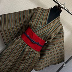 和洋折衷コーデセット｜レトロ縞柄の和洋折衷2点コーデセット（帯付き） ゆったりサイズで個性派コーデに