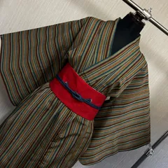 和洋折衷コーデセット｜レトロ縞柄の和洋折衷2点コーデセット（帯付き） ゆったりサイズで個性派コーデに