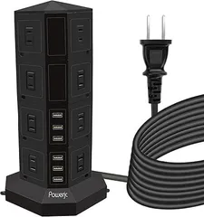 雷ガード 過負荷保護 1500W タワー式電源タップ 縦 8AC 6USB