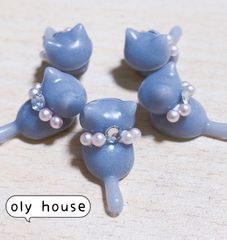 おすわり猫シリーズ　ロシアンブルー首輪@1   5匹セット　レジン　パーツ