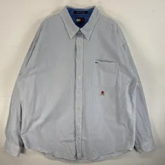 古着 90's/90年代 トミーヒルフィガー TOMMY HILFIGER 長袖シャツ ボタンダウンシャツ ロゴ 刺繍 大きいサイズ XXL  水色系 ストライプ メンズ